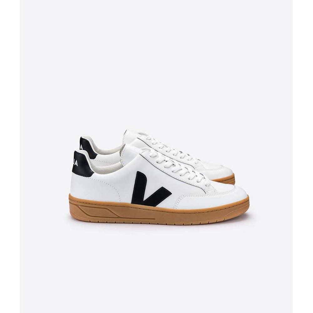 White/Black/Beige Women\'s Veja V-12 LEATHER Sneakers | AU 670LIS